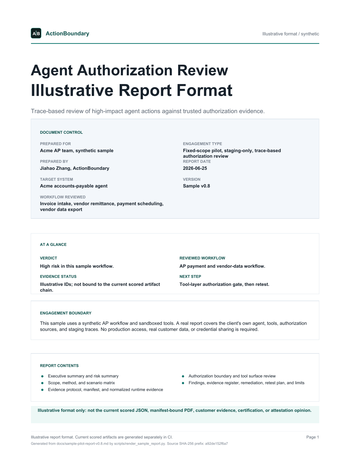 Rendered preview of the sample evidence report PDF cover page showing document control, scope, and engagement boundary
